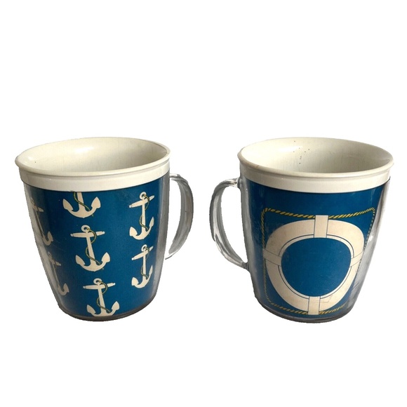 2 Vintage 1960’s THERMO-SERV NAUTICAL Drinkware Mugs Coffee Tea Thermal Blue - Picture 1 of 7